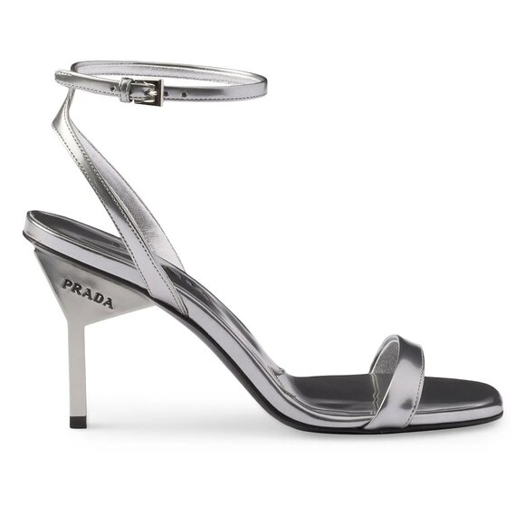 PRADA Metallic Leather Logo Triangle Heel Ankle Strap Sandals Heels Shoes - Picture 1 of 15